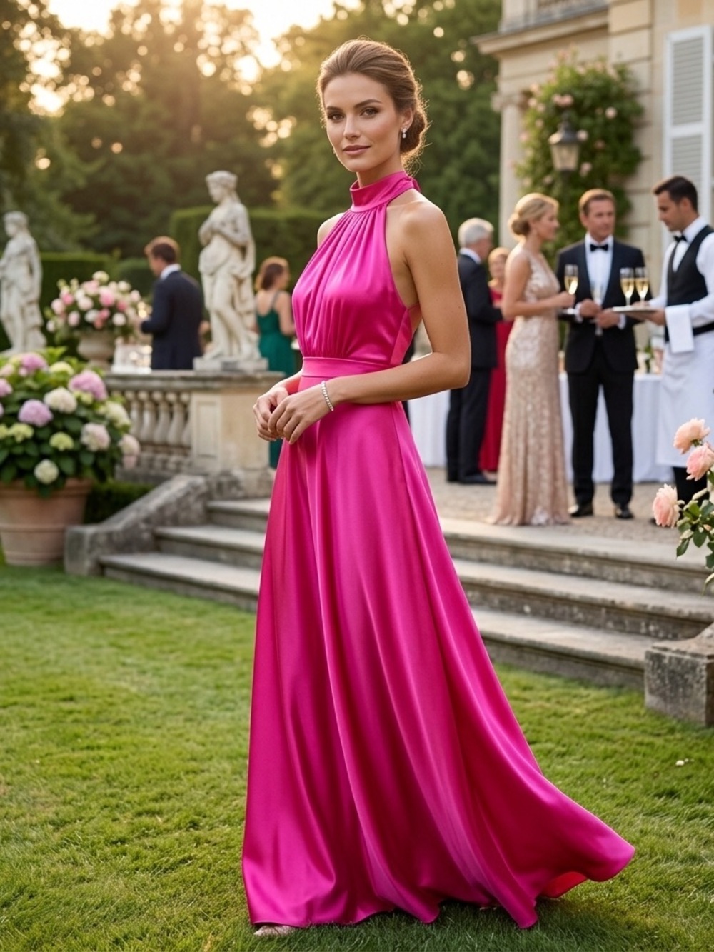 NWT Vicky Tcherassi VTCH XS Satin Hot Pink Halter Formal Maxi Dress Regencycore